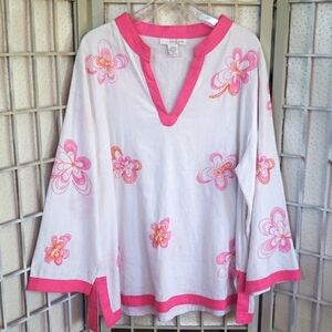 Lucy & Laurel linen blend white and pink embroidery tunic top long sleeve 2X